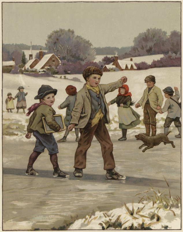 Dois, meninos jovens, patinando, ligado, um, lago congelado de English School