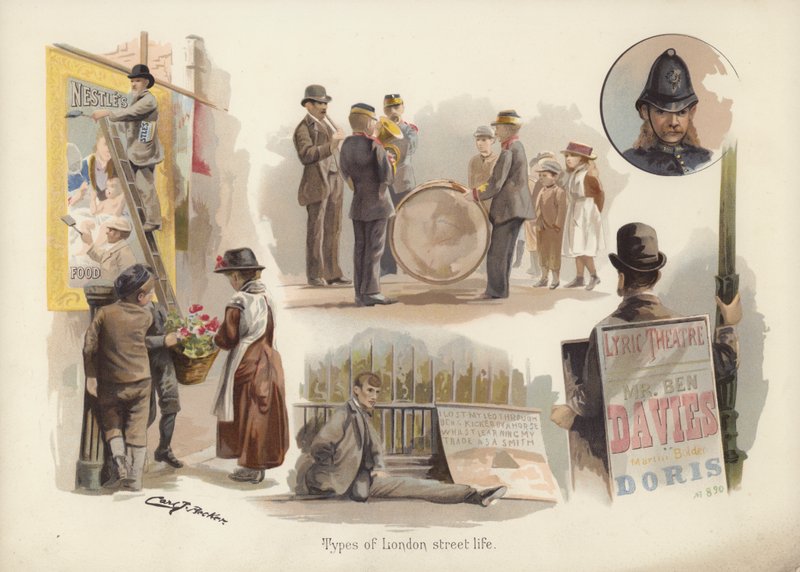 Tipos de vida nas ruas de Londres: carteiros, vendedores de flores, músicos, mendigos, vendedores de sandes, polícias (cromolitografia) de English School