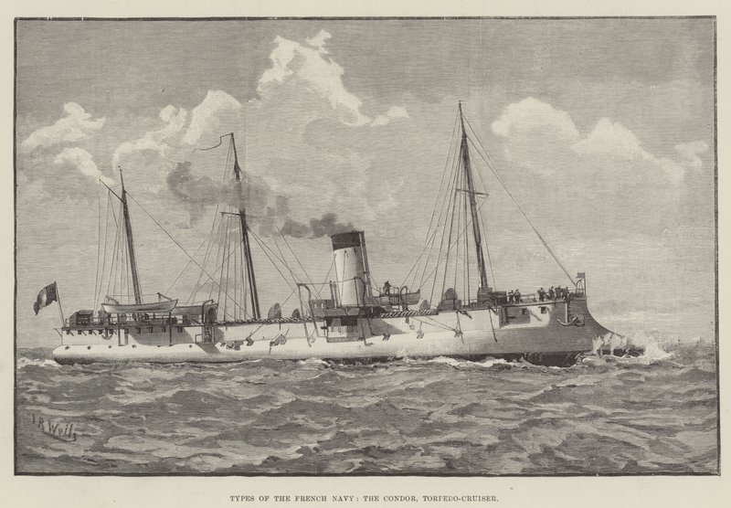 Tipos da Marinha Francesa, o Condor, Torpedo-Cruiser (gravura) de English School