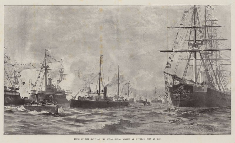 Tipos da Marinha na Royal Naval Review at Spithead, 23 de Julho de 1887 (litho) de English School