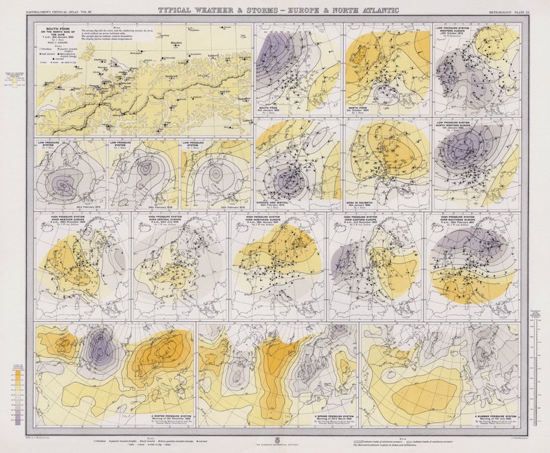 Tempo típico e tempestades, Europa e Atlântico Norte (litografia a cores) de English School