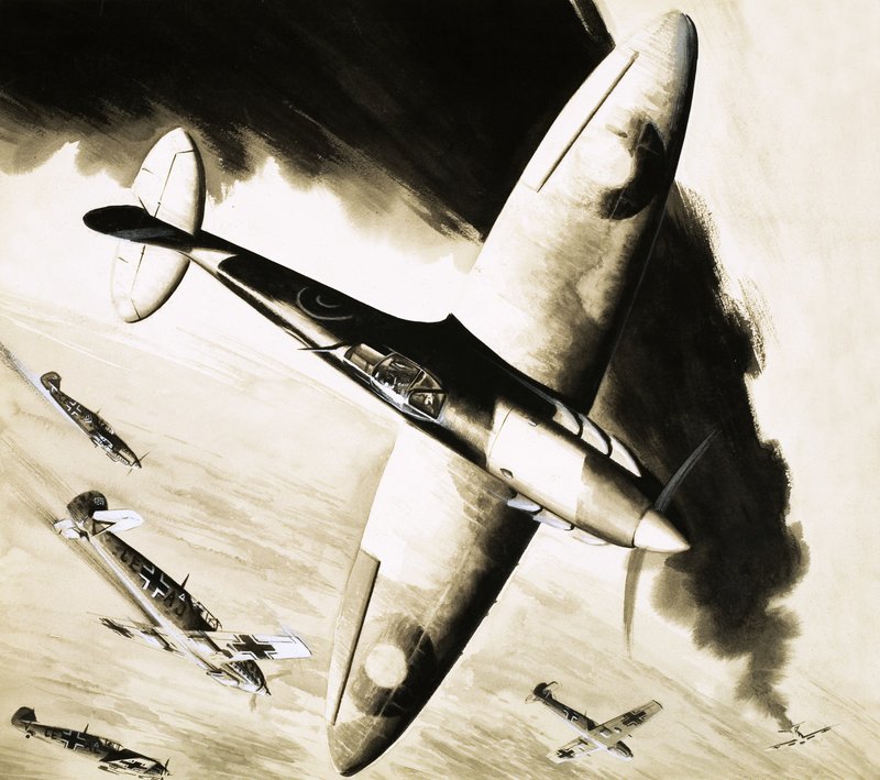 Spitfire não identificado em duelo com lutadores alemães de English School