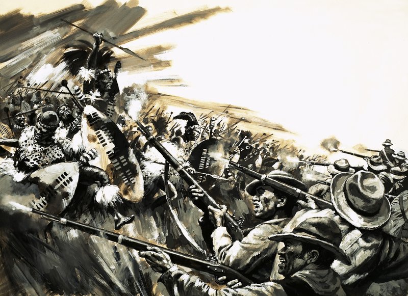 Batalha não identificada com guerreiros Zulu, possivelmente Roarke&39;s Drift de English School