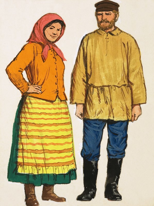 Casal não identificado em trajes nacionais de English School