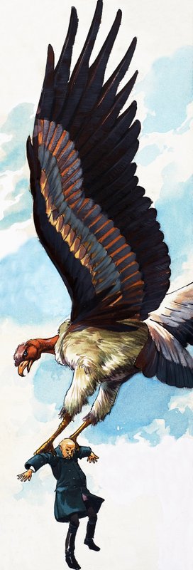 Ilustração de um conto popular não identificado de um homem a ser transportado por um pássaro gigante de English School