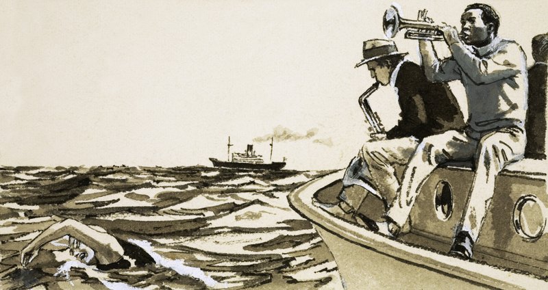 Jogadores de jazz não identificados em um barco de English School