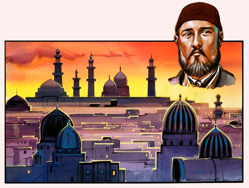 Homem não identificado e cidade do Oriente Médio de English School