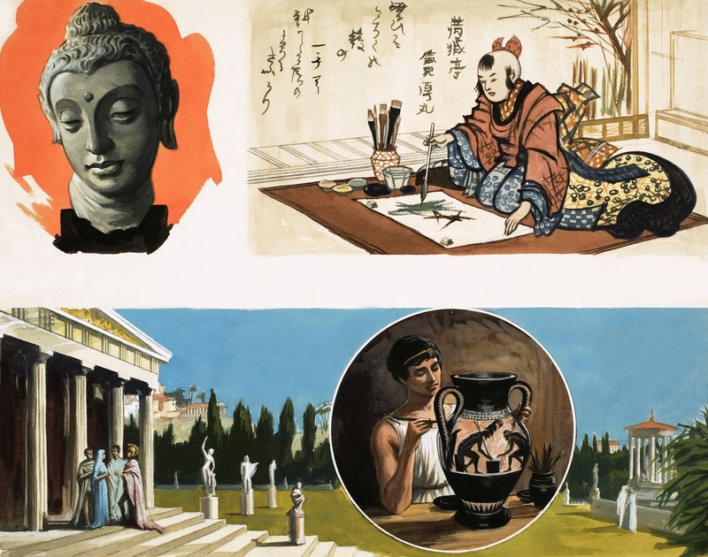 Montagem não-identificada sobre artefatos antigos de English School
