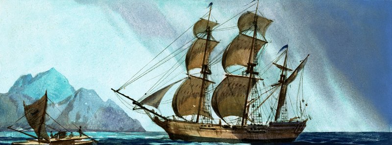 Navio à vela não identificado, aproximando-se uma ilha de English School