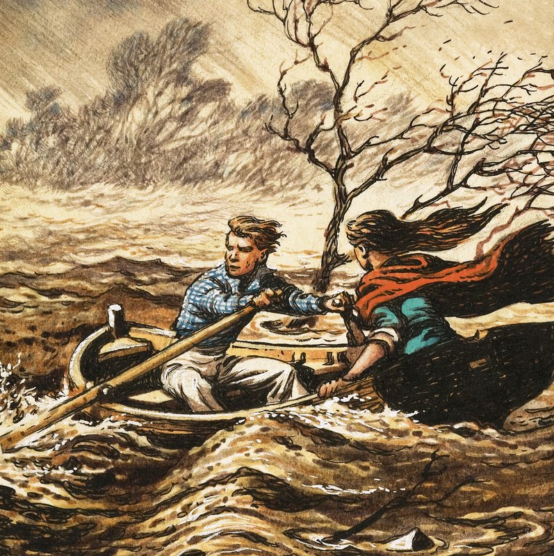 Cena não identificada, de, menino, remando menina, em, tempestade de English School