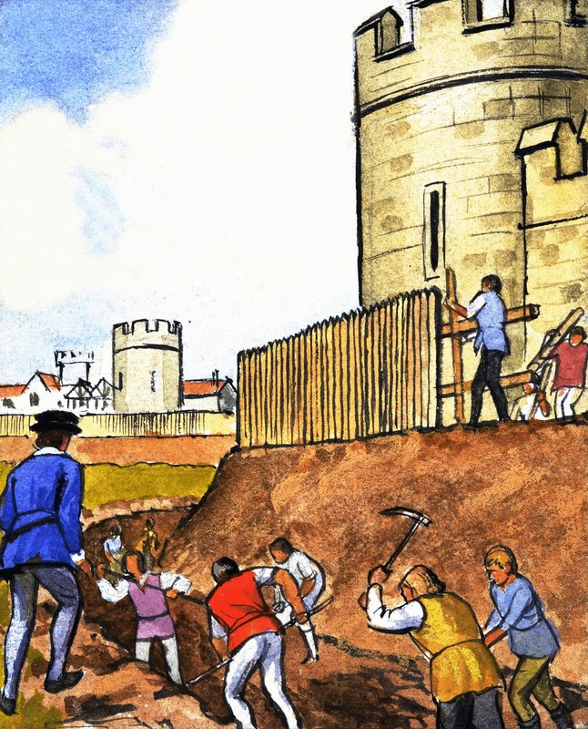 Cena não identificada, de, homens, cavando, fosso, ao redor, castelo de English School