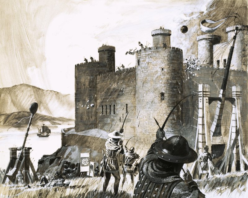 Cerco não identificado de um castelo usando um trebuchet de English School