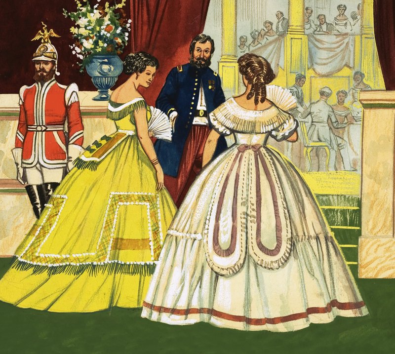 Mulheres não identificadas em vestidos formais que participam de uma função (século XIX) de English School