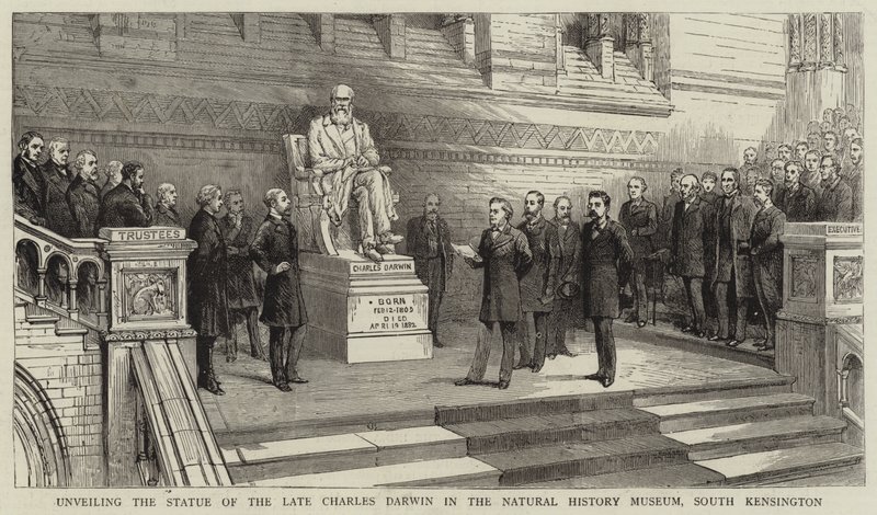 Desvelando a estátua do falecido Charles Darwin no Museu de História Natural, South Kensington de English School