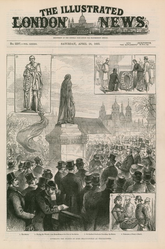 Desvelando a estátua de Lord Beaconsfield em Westminster de English School
