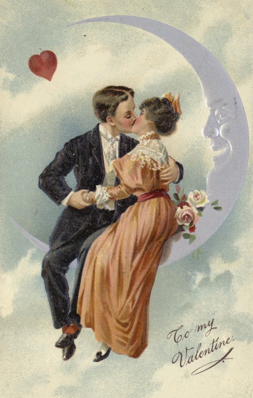 Cartão de dia dos namorados, envolvendo casal beijando na lua de English School