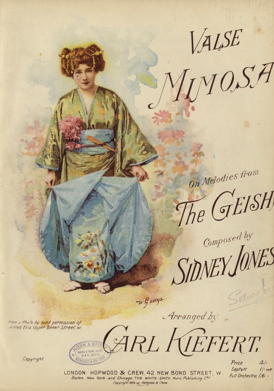 Valse Mimosa, sobre melodias do The Geisha, composta por Sidney Jones e arranjada por Carl Kiefert (cor litho) de English School