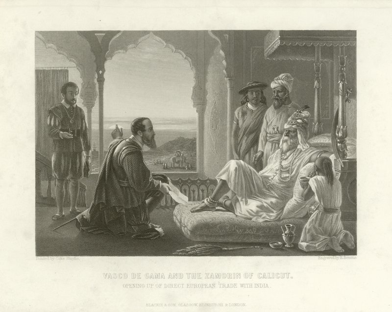 Vasco da Gama e o Zamorin de Calecute, 1498 de English School