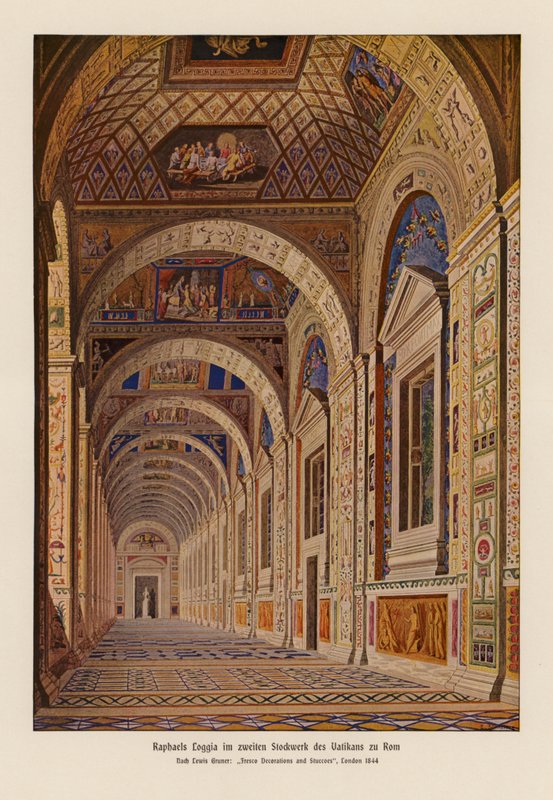 Loggias do Vaticano por Rafael, Roma (litografia a cores) de English School