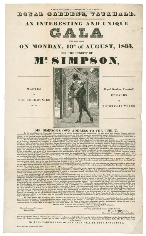 Vauxhall Gardens, Benefício para o Sr. Simpson, 19 de agosto de 1833 de English School