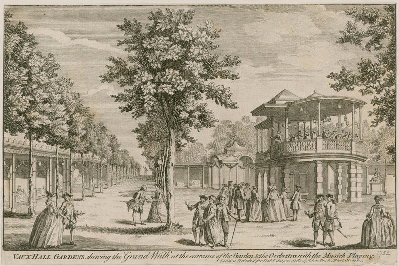 Vauxhall Gardens, Londres, mostrando o Grand Walk na entrada do jardim e a Orquestra, com a música tocando de English School