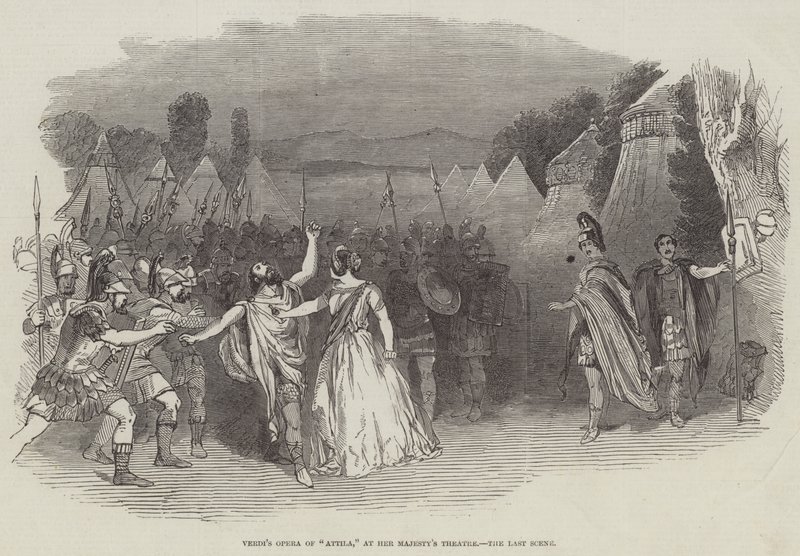 Ópera de Verdi "Attila", no Teatro de Sua Majestade, a Última Cena (gravura) de English School