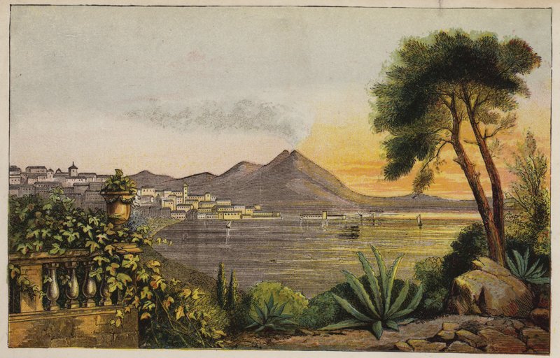 Vesúvio e a Baía de Nápoles, Itália (gravura colorida) de English School