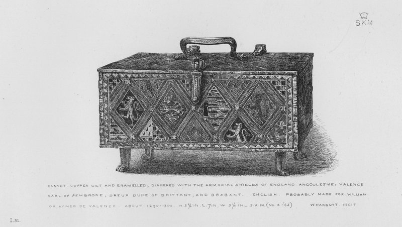 Victoria And Albert Museum: caixão, cobre dourado e esmaltado, fralda com os escudos armoriais da Inglaterra, Angoulesme, Valence, Earl of Pembroke, Dreux Duke of Brittany, e Brabant, English, provavelmente feito para William ou Aymer de Valence, por volta de English School