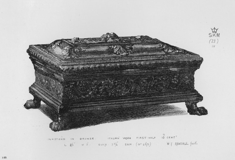Victoria And Albert Museum: Tinteiro em bronze, obra italiana, primeira metade do século XVI (gravura) de English School