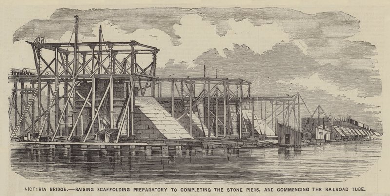 Ponte Victoria, levantamento de andaimes preparatório para a conclusão dos pilares de pedra e início do tubo ferroviário (gravura) de English School