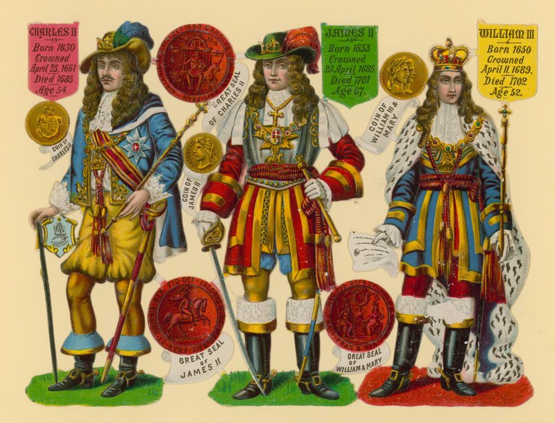 Sucata vitoriana: rei Carlos II, rei Jaime II, rei Guilherme III de English School