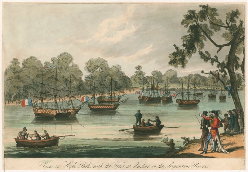 Vista em Hyde Park com a Frota no Anchor, no Rio Serpentine. Naumachia. Paz de 1814 (gravura colorida) de English School