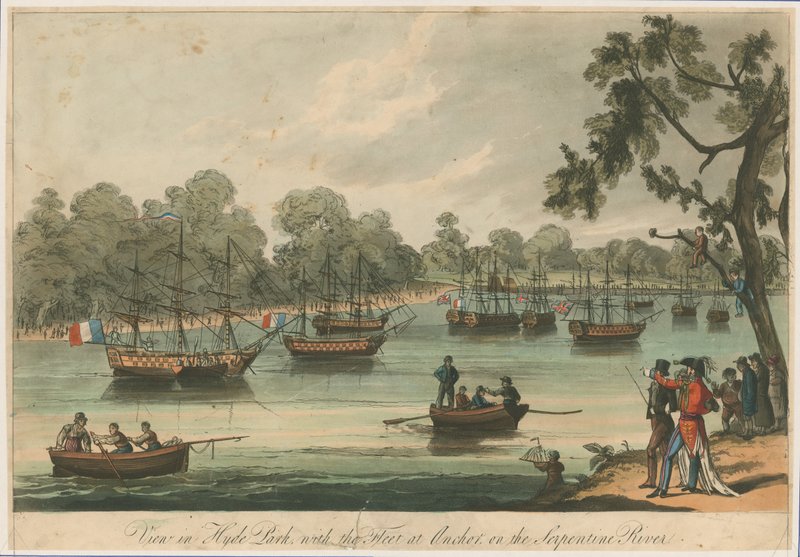 Veja em Hyde Park com a frota na âncora no rio serpentino. Naumachia Paz de 1814 de English School