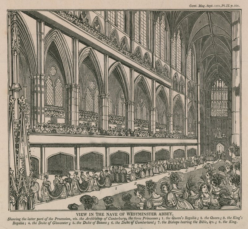 Vista na nave da Abadia de Westminster durante a coroação do rei William IV e da Rainha Adelaide de English School