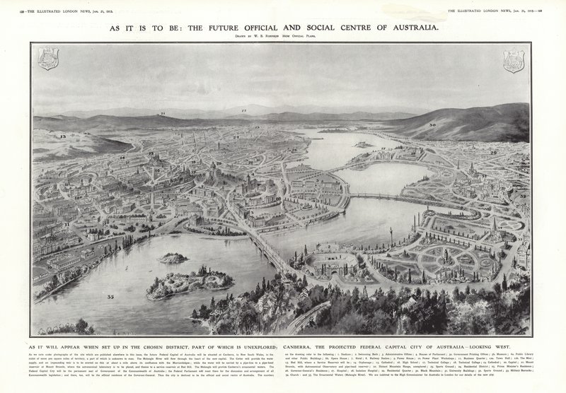 Vista, de, canberra, proposta, capital federal, de, austrália, 1913 de English School