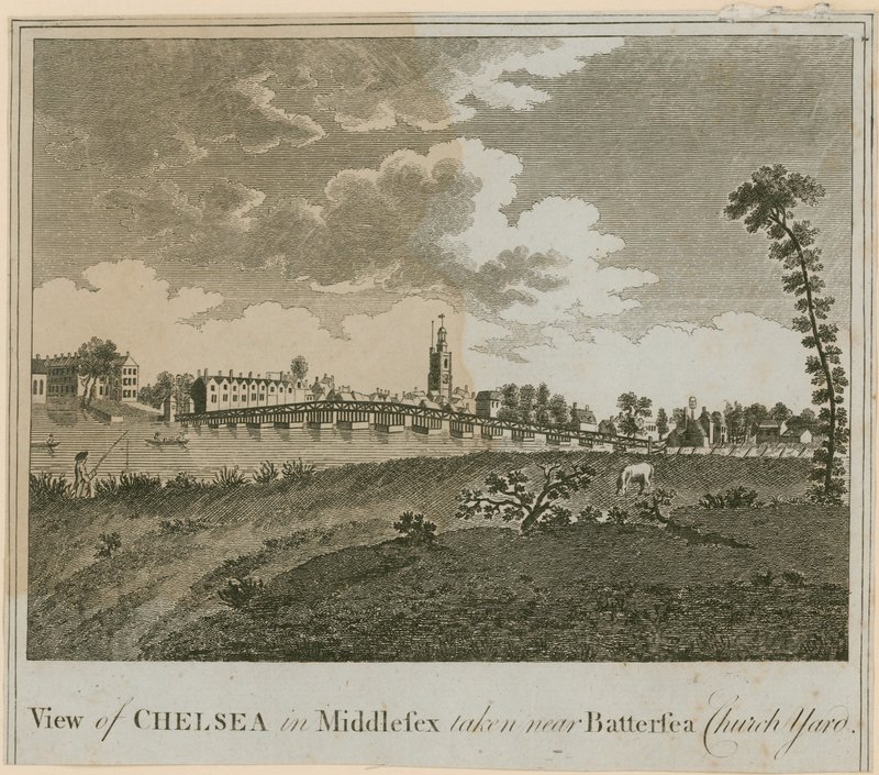 Vista, de, chelsea, em, middlesex, levado, perto, Battersea, igreja, jarda de English School