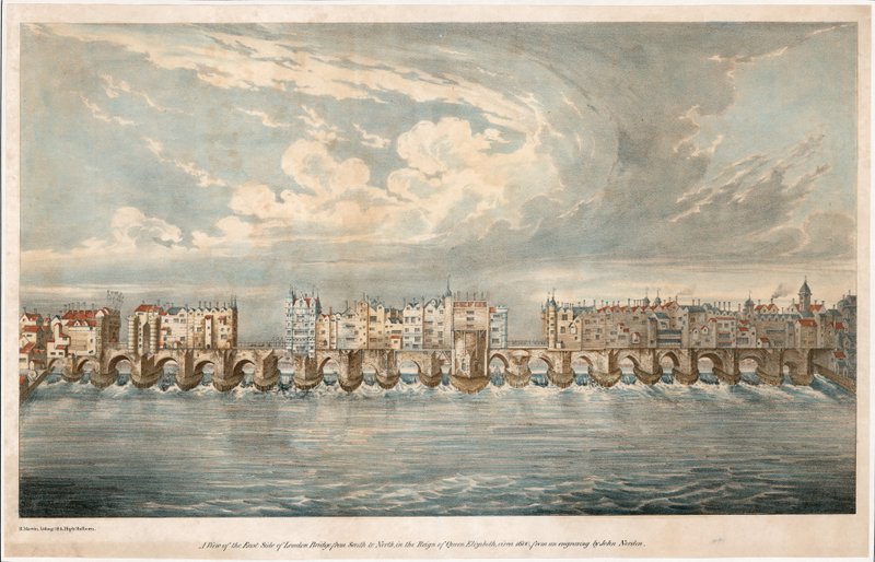 Vista, de, leste, lado, de, antigas, ponte londres, em, a, reino, de, rainha elizabeth i de English School