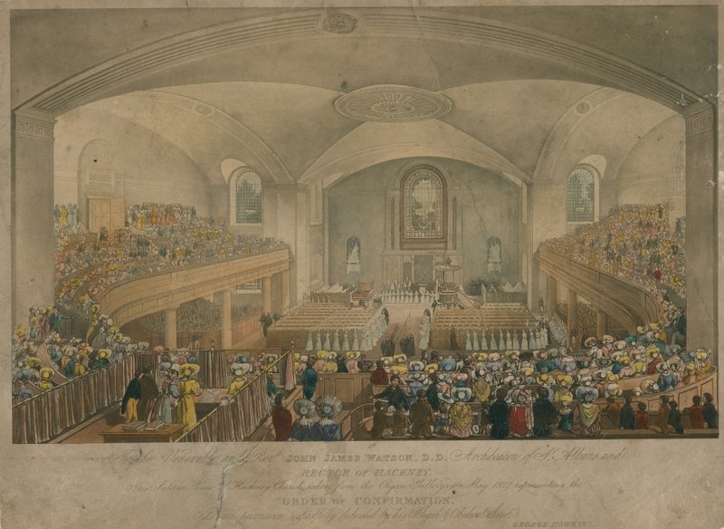 Vista da igreja de Hackney tirada da galeria do órgão em maio de 1827 de English School
