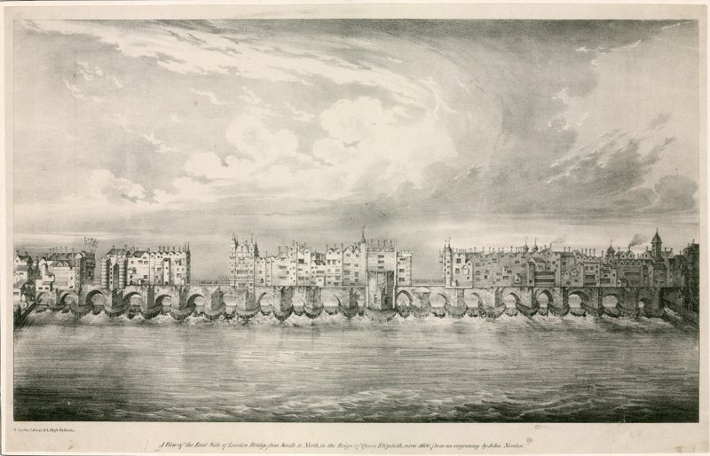 Vista da antiga ponte de Londres como no reinado da rainha Elizabeth I de English School
