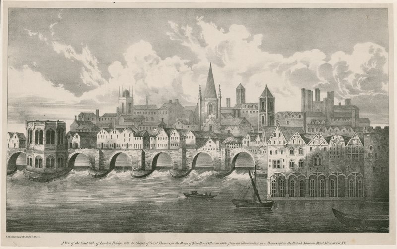 Vista da antiga ponte de Londres como no reinado do rei Henrique VII, cerca de 1500 de English School