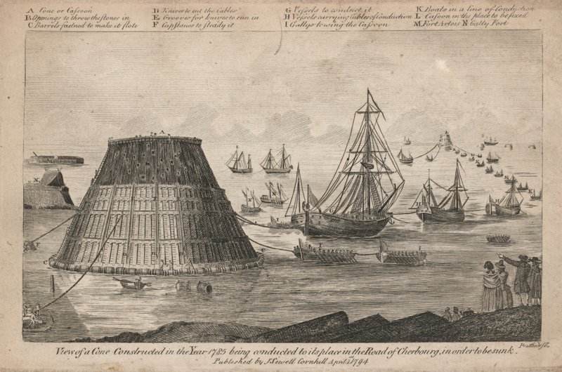 Vista de um cone construído no ano de 1785 sendo conduzido ao seu lugar na estrada de Cherbourg de English School