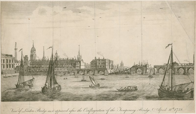 Vista da antiga ponte de Londres como apareceu após o incêndio de 1758 de English School