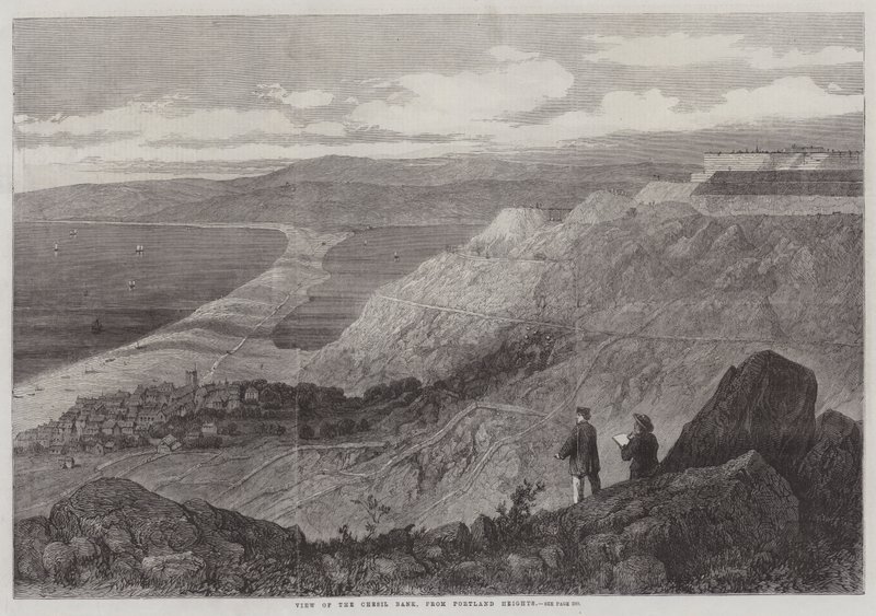 Vista do Chesil Bank, de Portland Heights (gravura) de English School