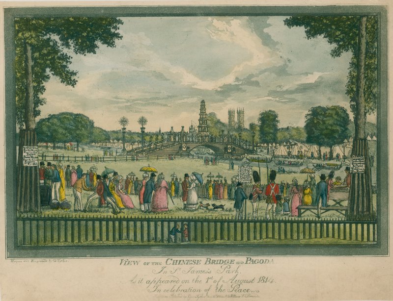 Vista da ponte chinesa e pagode em St Jamess Park, Londres, como apareceu em 1 de agosto de 1814 de English School