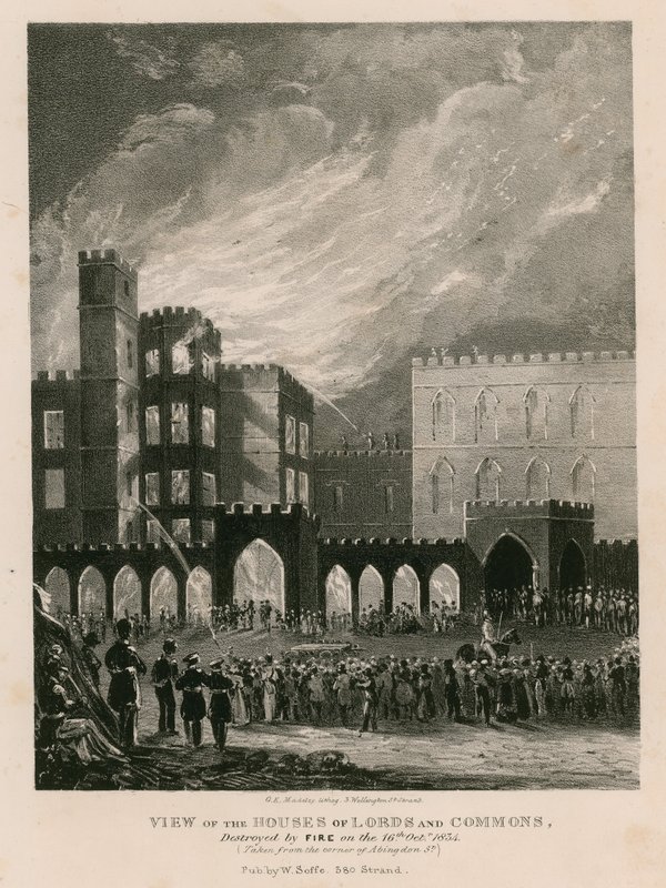 Vista das Casas dos Lordes e dos Comuns, destruída pelo fogo em 16 de outubro de 1834 de English School