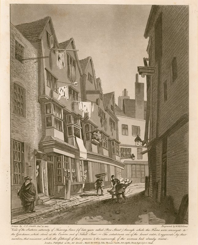 Vista da extinção sulista de Thieving Lane (dos últimos anos chamada Bow Street) de English School