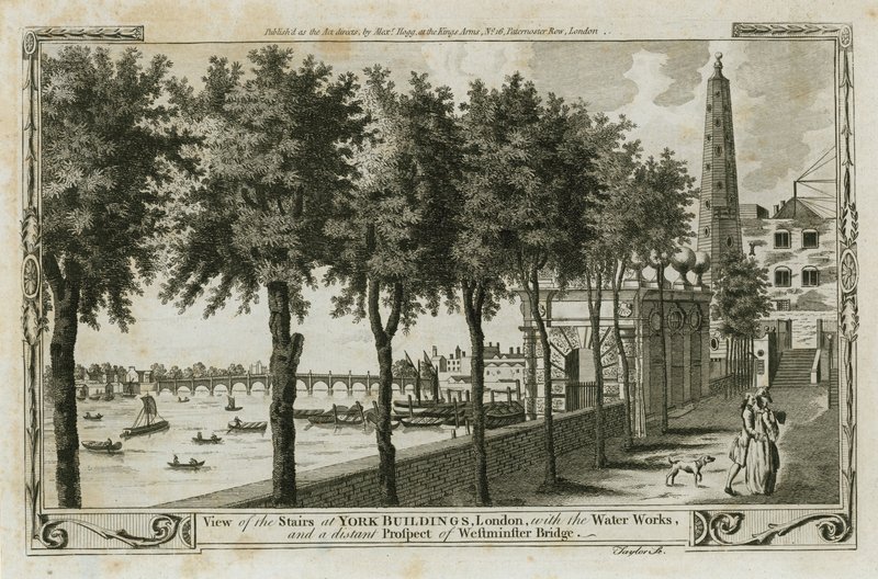 Vista, de, a, escadas, de, york, edifícios, londres, com, a, água, trabalhos, e, a, distante, prospecto, de, ponte westminster de English School