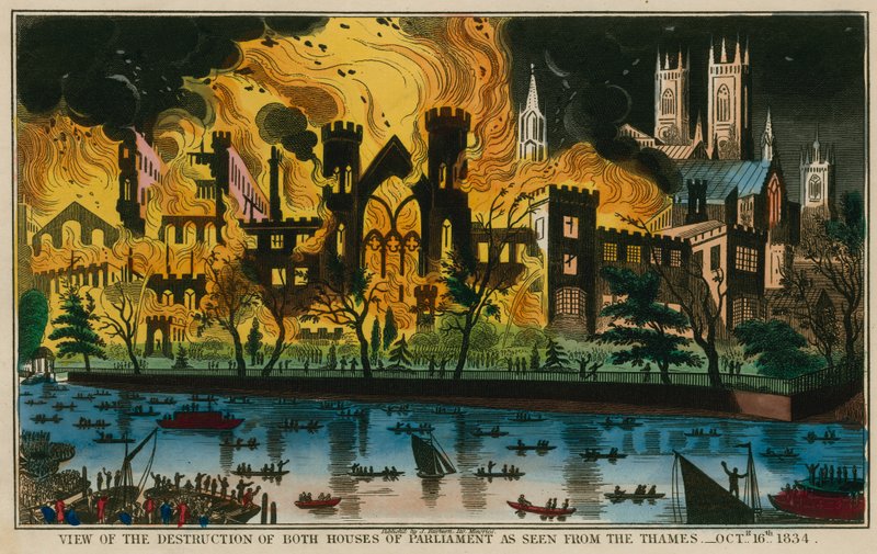 Visão da destruição de ambas as Casas do Parlamento como visto do Tâmisa, 16 de outubro de 1834 de English School