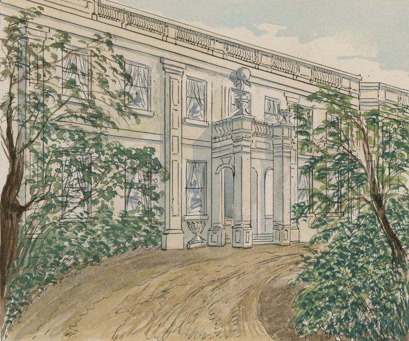 Vista da casa no no.2 Palace Green, Kensington, na qual Thackery morreu (wc no papel) de English School