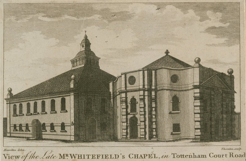 Vista do falecido Sr. Whitefields Chapel em Tottenham Court Road, Londres de English School